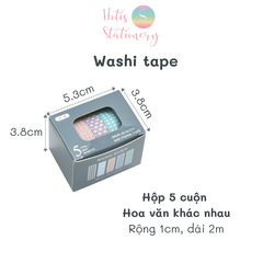 [HOTIS] Hộp 5 cuộn washi tape có hoa văn đa dạng - Rộng 1cm, Dài 2m