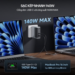 Sạc 3 cổng USB-C và 1 cổng USB-A 140W CukTech AD1404U công nghệ GaN hỗ trợ PD3.1/PPS/UFCS chân cắm dẹt
