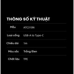 Cáp sạc Type-C 1m CUKTECH ATC310N 60W USB-A to USB-C
