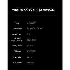 Cáp Sạc Nhanh C to C 2m 240W CUKTECH CTC520P Hỗ Trợ PD 3.1, PPS, CarPlay, Android Auto