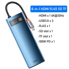 Hub chuyển đa năng Baseus Metal Gleam Series Multifunctional Docking Station ( Type-C to HDMI/ USB3.0/ LAN / SD Card Reader/ Type C PD 100W, Multifunctional HUB)