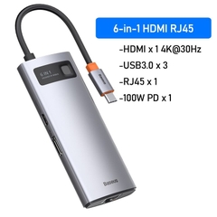 Hub chuyển đa năng Baseus Metal Gleam Series Multifunctional Docking Station ( Type-C to HDMI/ USB3.0/ LAN / SD Card Reader/ Type C PD 100W, Multifunctional HUB)