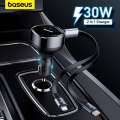 Tẩu Sạc Nhanh Kèm Cáp Dây Rút 2 Đầu Type C + Lightning Baseus Enjoyment Retractable 2 in 1 Car Charger 30W