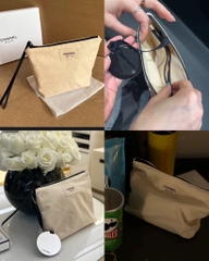 Túi CHANEL Beauty Linen Beige - Đựng mỹ phẩm Kèm Gương Tròn (21x15x7.5cm)