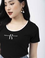 Áo cotton dáng ôm free size viền cổ phối màu in họa tiết chữ