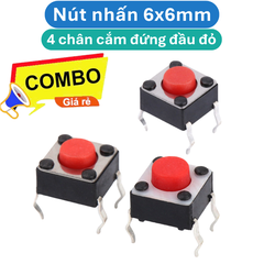 (50 Cái) Nút nhấn 6x6mm 4 chân cắm đứng đầu đỏ cao 2.5 - 3.7mm