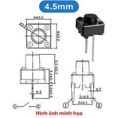 (50 Cái) Nút nhấn 6x6mm 2 chân cắm đứng cao 4.3 - 9mm