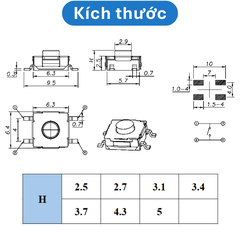 (50 Cái) Nút nhấn 6x6mm 4 chân dán đầu đỏ cao 2.5 - 3.7mm