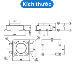 (20 Cái) Nút nhấn 12x12mm 4 chân dán cao 4.3 - 12mm