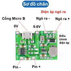 Mạch sạc pin 1S 18650 J5019 dùng IC TC4056 tích hợp mạch tăng áp 2A từ 5V lên 18V