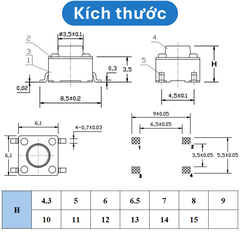 (20 Cái) Nút nhấn 6x6mm 4 chân dán SMD cao 4.3 - 15mm