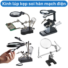 Kính lúp kẹp soi hàn mạch điện tử có đèn LED và gác mỏ hàn