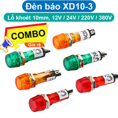(2 cái) Đèn báo XD10 - 3 lỗ khoét 10mm điện áp 12V, 24V, 220VAC, 380VAC