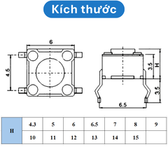 (20 Cái) Nút nhấn 6x6mm 4 chân cắm DIP cao 4.3 - 15mm