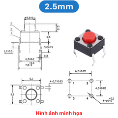 (50 Cái) Nút nhấn 6x6mm 4 chân cắm đứng đầu đỏ cao 2.5 - 3.7mm