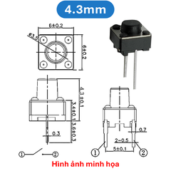 (50 Cái) Nút nhấn 6x6mm 2 chân cắm đứng cao 4.3 - 9mm