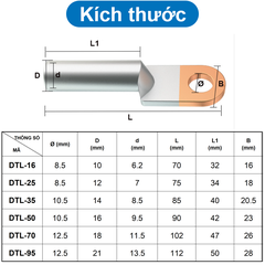 (2 Cái) Đầu cos đồng nhôm DTL 10-95mm2 bấm dây điện tải lớn CB