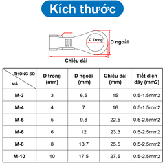 (50 cái) Đầu cos tròn chữ O đồng thau lỗ bắt ốc M3-M12