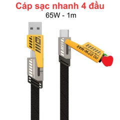 Cáp sạc nhanh 4 đầu 65W Cổng C - IP, C - C, USB - C, USB - IP đa năng 4 Trong 1 hỗ trợ sạc nhanh riện lợi
