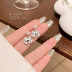 Bông Tai Đính Ngọc Nơ Đá Rơi - Chân bạc s925