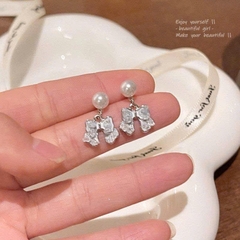 Bông Tai Đính Ngọc Nơ Đá Rơi - Chân bạc s925