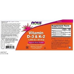 Viên uống Vitamin D3 & K2 1000 IU 45 mcg của NOW (120 viên)