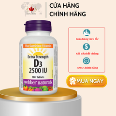 Viên uống Extra Strength Vitamin D3 2500 IU của Webber Naturals (180 viên)