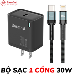 Bộ sạc nhanh  30W 2 Cổng C to Lightning kèm dây bọc dù siêu bền - Basefast AMAZON SERI