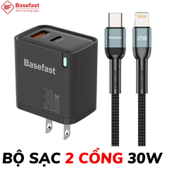 Bộ sạc nhanh  30W 2 Cổng C to Lightning kèm dây bọc dù siêu bền - Basefast AMAZON SERI
