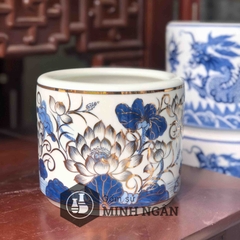 Bát hương sen men lam vẽ vàng kim