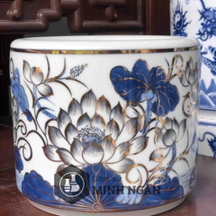 Bát hương sen men lam vẽ vàng kim
