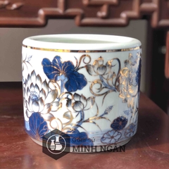 Bát hương sen men lam vẽ vàng kim
