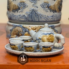 bộ ấm chén đào trường thọ men rạn đắp nổi