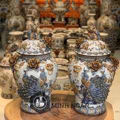 Chóe bày cỡ đại đắp kênh bong họa tiết công Đào men rạn đăp nổi Bát Tràng