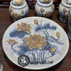 Mâm bòng Sen men rạn đắp nổi Bát Tràng
