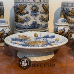 Mâm bồng sen men rạn đắp nổi Bát Tràng