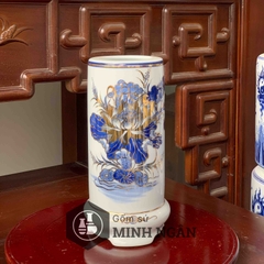 Ống hương sen men lam vẽ vàng kim