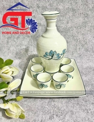 Bộ nậm rượu vẽ sen xanh men kem