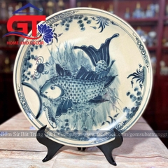 Đĩa cảnh lý ngư vọng nguyệt men rạn
