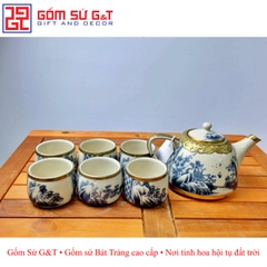 Bộ siêu quai sứ sơn thủy men rạn bọc đồng