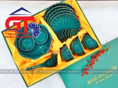 Bộ quà tặng đồ ăn đĩa sò xanh cổ vịt vẽ vàng Bát Tràng