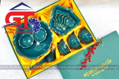 Bộ quà tặng đồ ăn hướng dương xanh cổ vịt vẽ vàng Bát Tràng