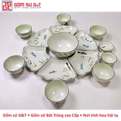 Bộ đồ ăn mặt trời men kem vẽ trúc chuồn