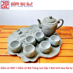 Bộ trà hồng sa xanh mộc khay sen