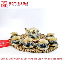 Bộ ấm chén vuốt sơn thủy men rạn bọc đồng