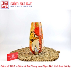 Lọ hoa dáng bom miệng rộng vẽ cô gái bên hoa cúc