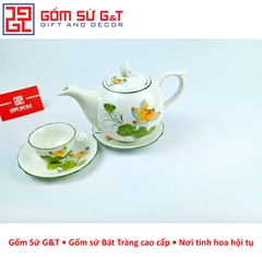 Bộ trà chóp lửa men kem vẽ sen vàng