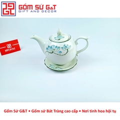 Bộ trà chóp lửa men kem vẽ sen xanh