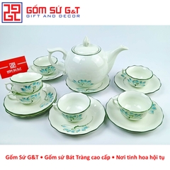 Bộ trà chóp lửa men kem vẽ sen xanh