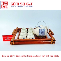 Bộ trà vẽ kẻ sóng khay gỗ